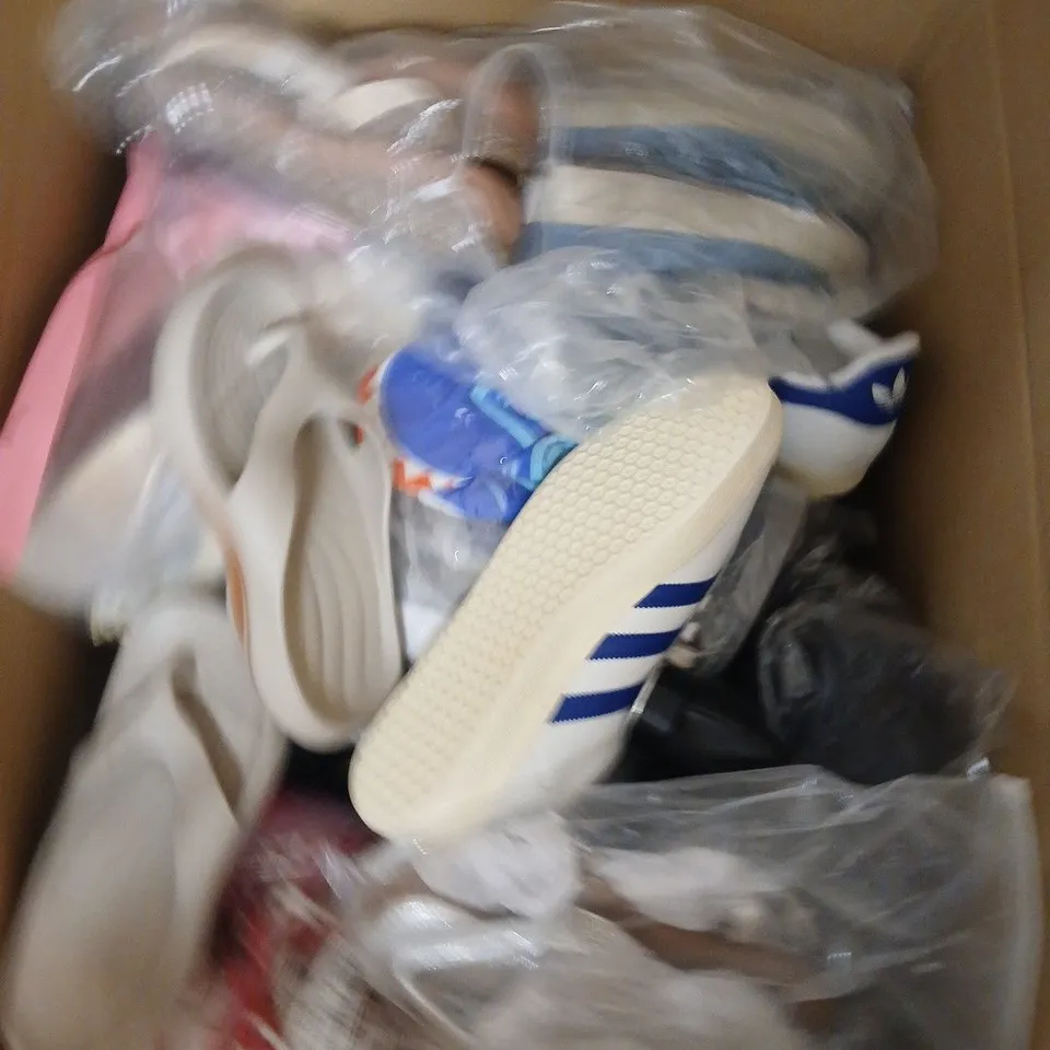 BOX OF APPROXIMATELY 12 PAIRS OF ASSORTED SHOES IN VARIOUS COLOUR, STYLES AND SIZES