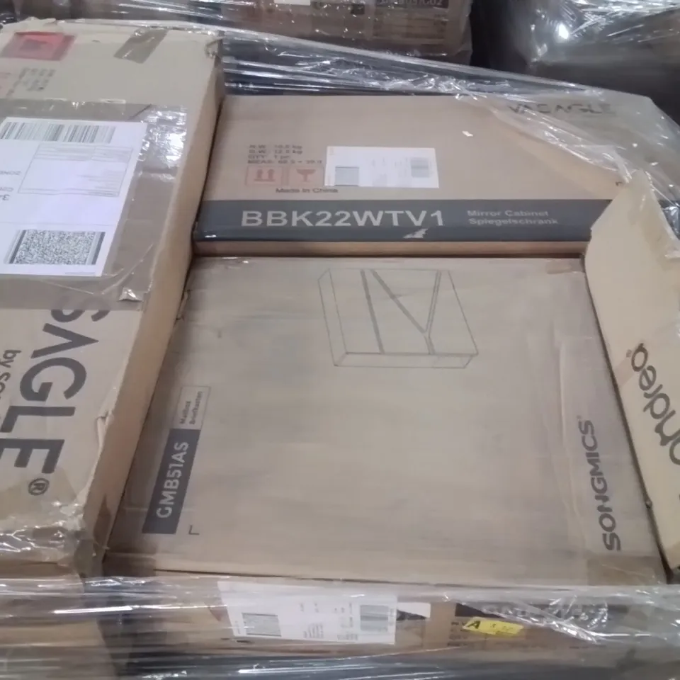 PALLET CONTAINING VARIOUS ASSORTED BOXED ITEMS TO INCLUDE: MIRROR CABINET, MAILBOX, BOXED FURNITURE ECT.