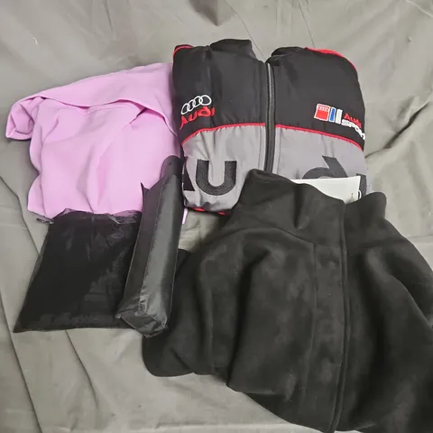 BOX OF APPROXIMATELY 20 ASSORTED CLOTHING ITEMS TO INCLUDE DRESS, JACKET, UMBRELLA, ETC