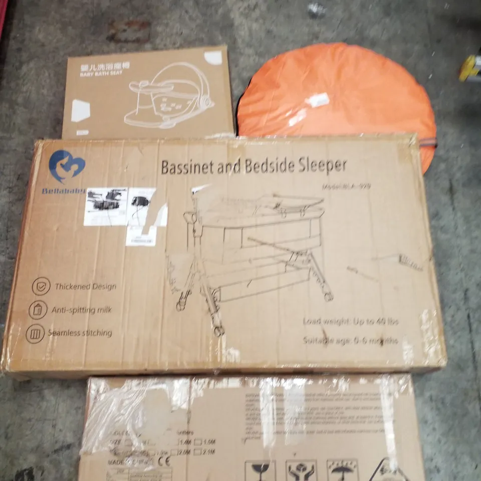 PALLET OF ASSORTED PRODUCTS INCLUDING BASSINET & BEDSIDE SLEEPER, BED RAILS, BABY BATH SEAT, POPUP TENT