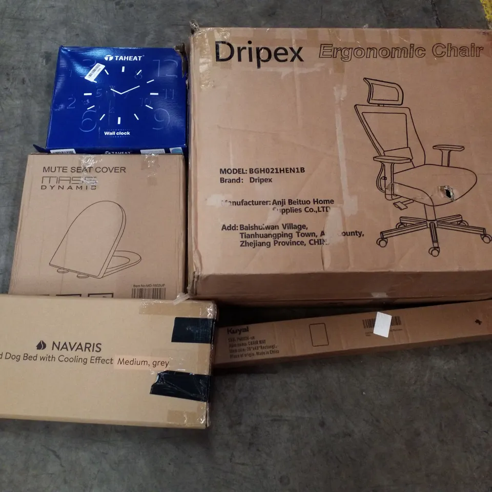 PALLET OF ASSORTED PRODUCTS INCLUDING ERGONOMIC CHAIR, CHAIR MAT, RAISED DOG BED, TOILET SEATS, WALL CLOCK