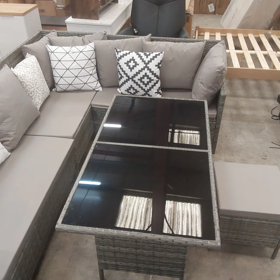 DESIGNER RATTAN CORNER SOFA WITH TABLE, STOOLS AND CUSHIONS