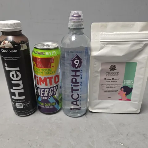 APPROXIMATELY 10 ASSORTED FOOD & DRINK ITEMS TO INCLUDE - HUEL CHOCOLATE , VIMTO ENERGY , COFFEE HOUSE BLEND ETC