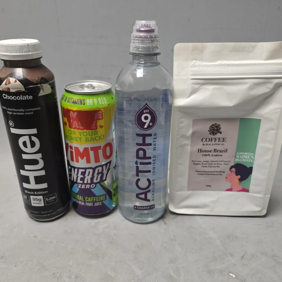 APPROXIMATELY 10 ASSORTED FOOD & DRINK ITEMS TO INCLUDE - HUEL CHOCOLATE , VIMTO ENERGY , COFFEE HOUSE BLEND ETC