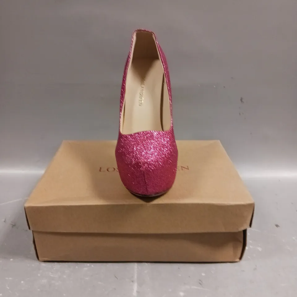 BOXED PAIR OF LOSLANDIFEN PINK GLITTER HIGH HEEL SHOES - SIZE 3.5