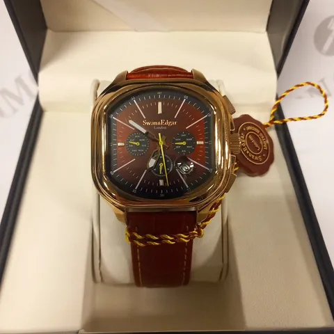 BOXED SWAN & EDGAR RED LEATHER WATCH WITH GOLD CASING