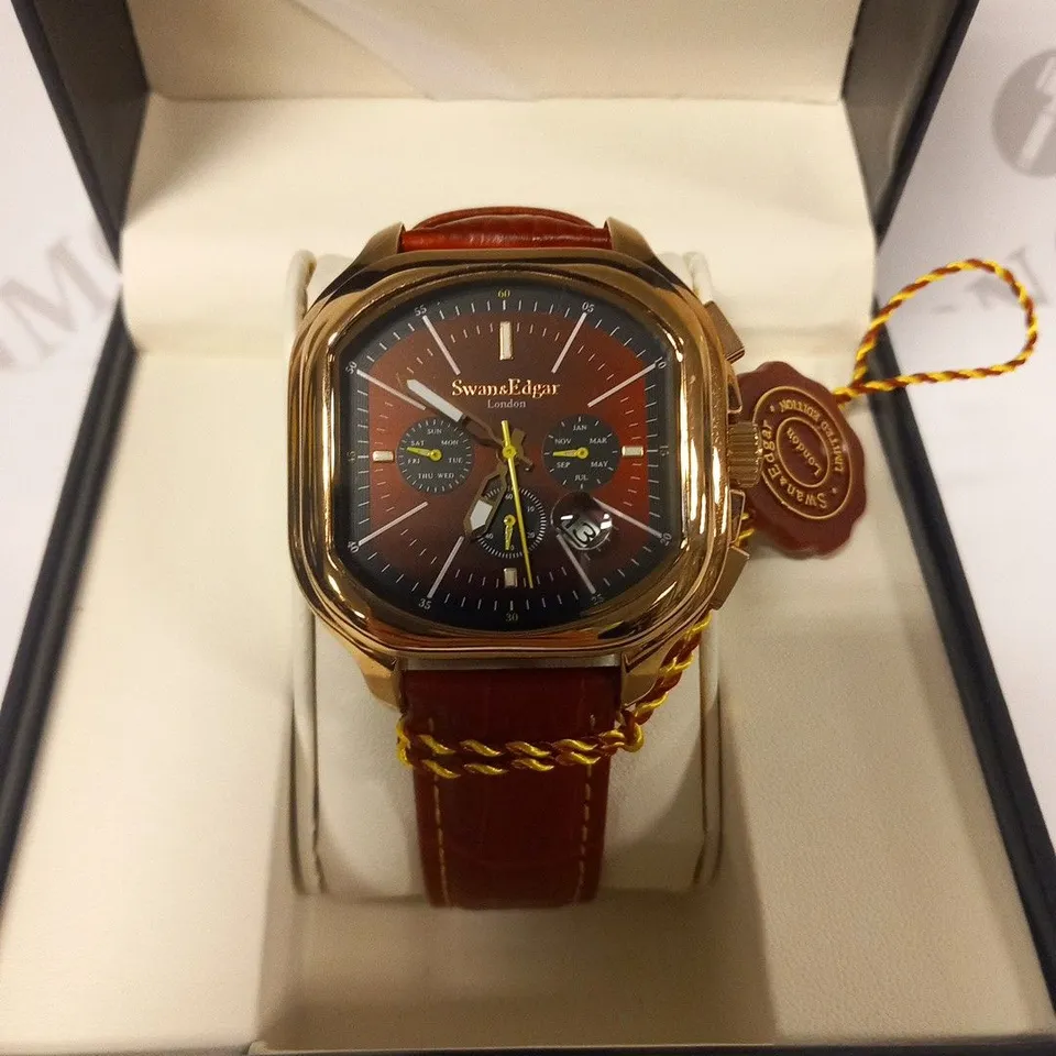 BOXED SWAN & EDGAR RED LEATHER WATCH WITH GOLD CASING