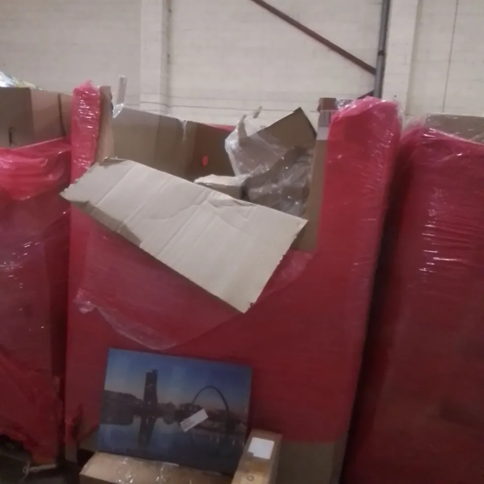 PALLET OF ASSORTED HOUSEHOLD GOODS AND FURNITURE TO INCLUDE; PLAYPEN, CAST IRON GRILL PAN 35CM, EMBROIDERED SILVER BUCKET ETC
