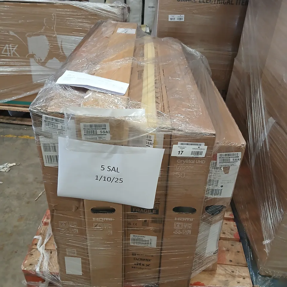 PALLET OF FIVE ASSORTED WAREHOUSE DAMAGED TV'S TO INCLUDE;