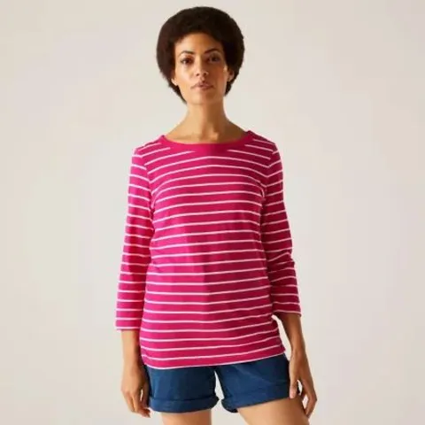 BRAND NEW REGATTA BAYLETTE WOMEN'S TEE II IN PINK/WHITESTRIPE - UK 26