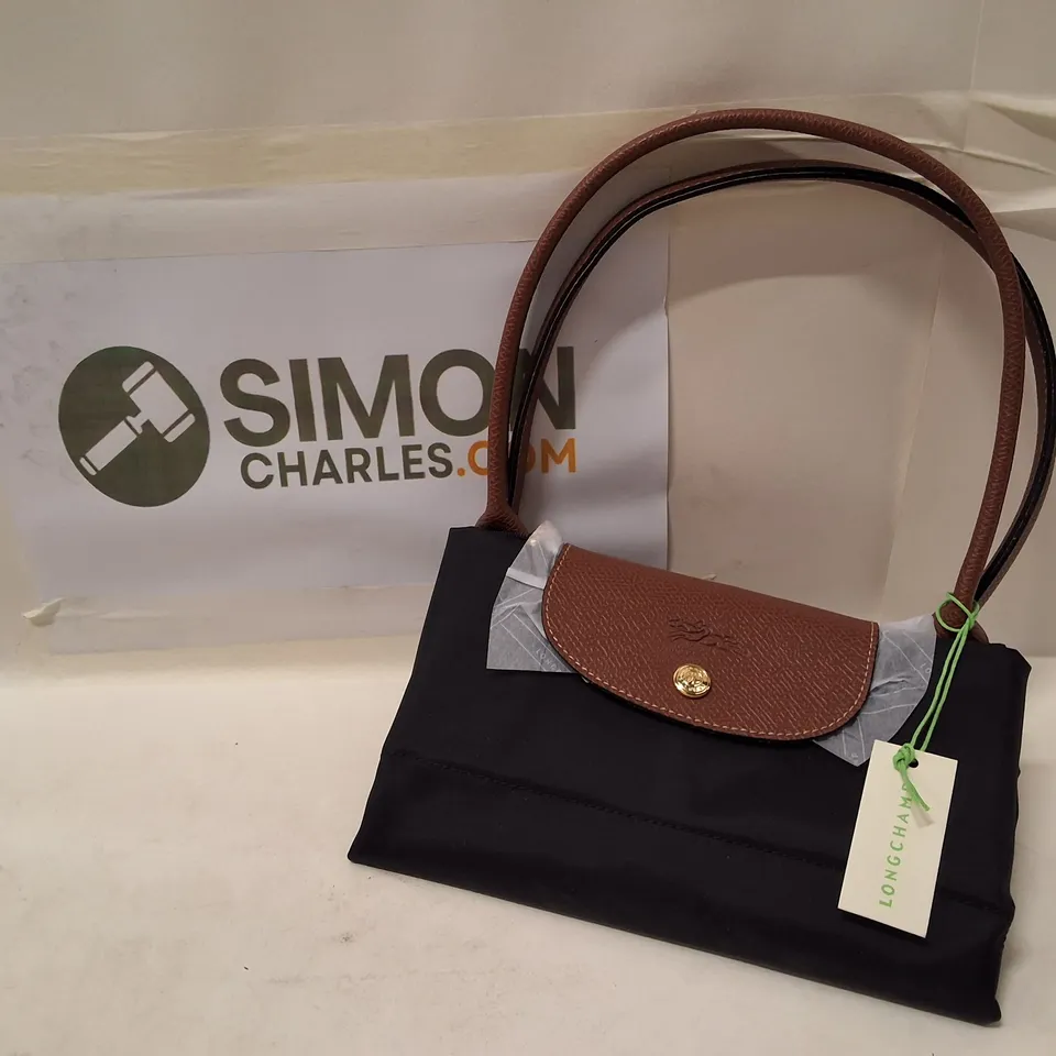 LONGCHAMP HANDBAG – BLACK NYLON BODY WITH BROWN LEATHER FLAP
