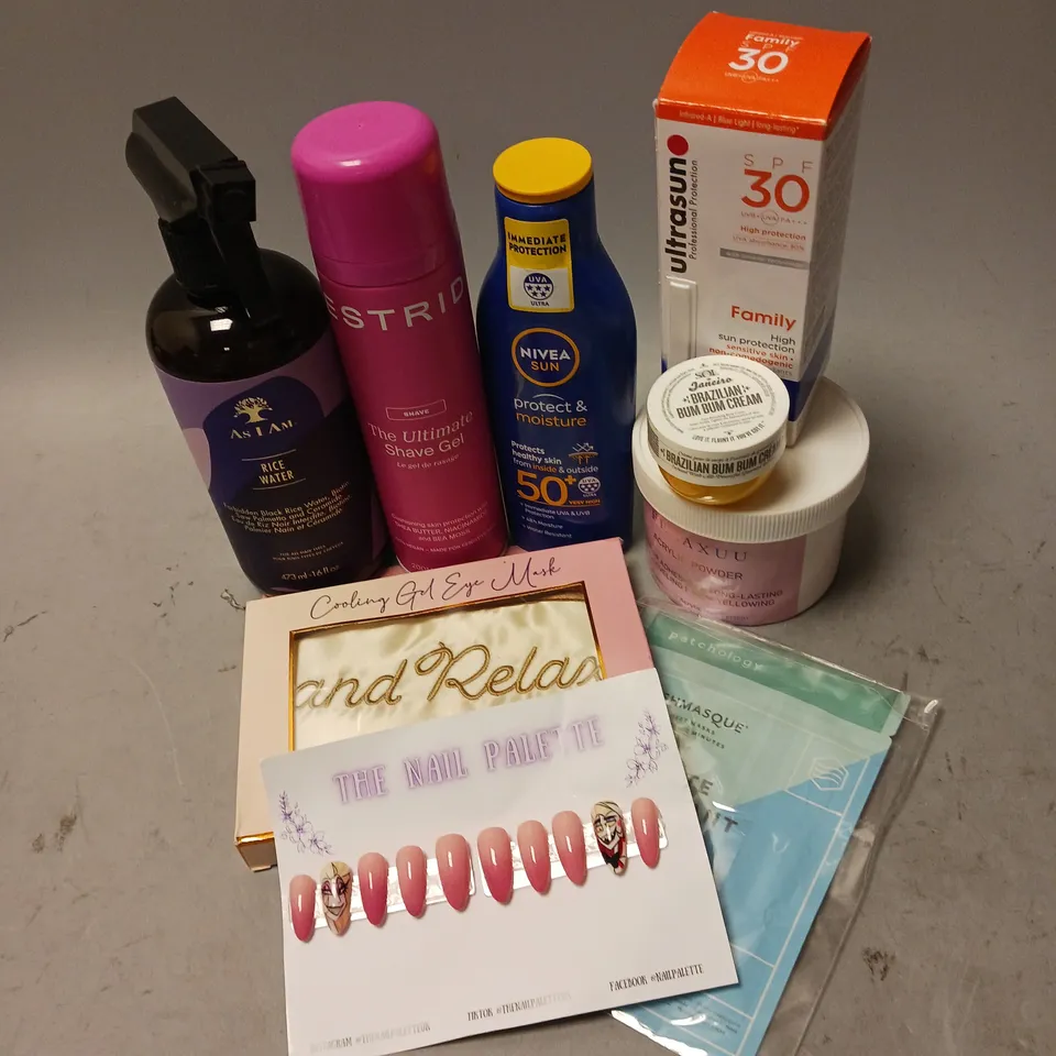 BOX OF APPROXIMATELY 12 COSMETIC ITEMS TO INCLUDE - ESTRID ULTIMATE SHAVE GEL - SOL JANEIRO BRAZILIAN BUM BUM CREAM - HAZBIN HOTEL FALSE NAILS - ETC