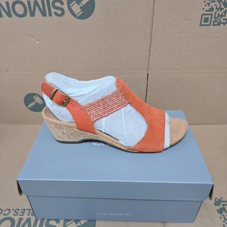 VIONIC WOMEN'S ORANGE SUEDE SANDALS WITH CORK WEDGE – BOXED UK 6.5