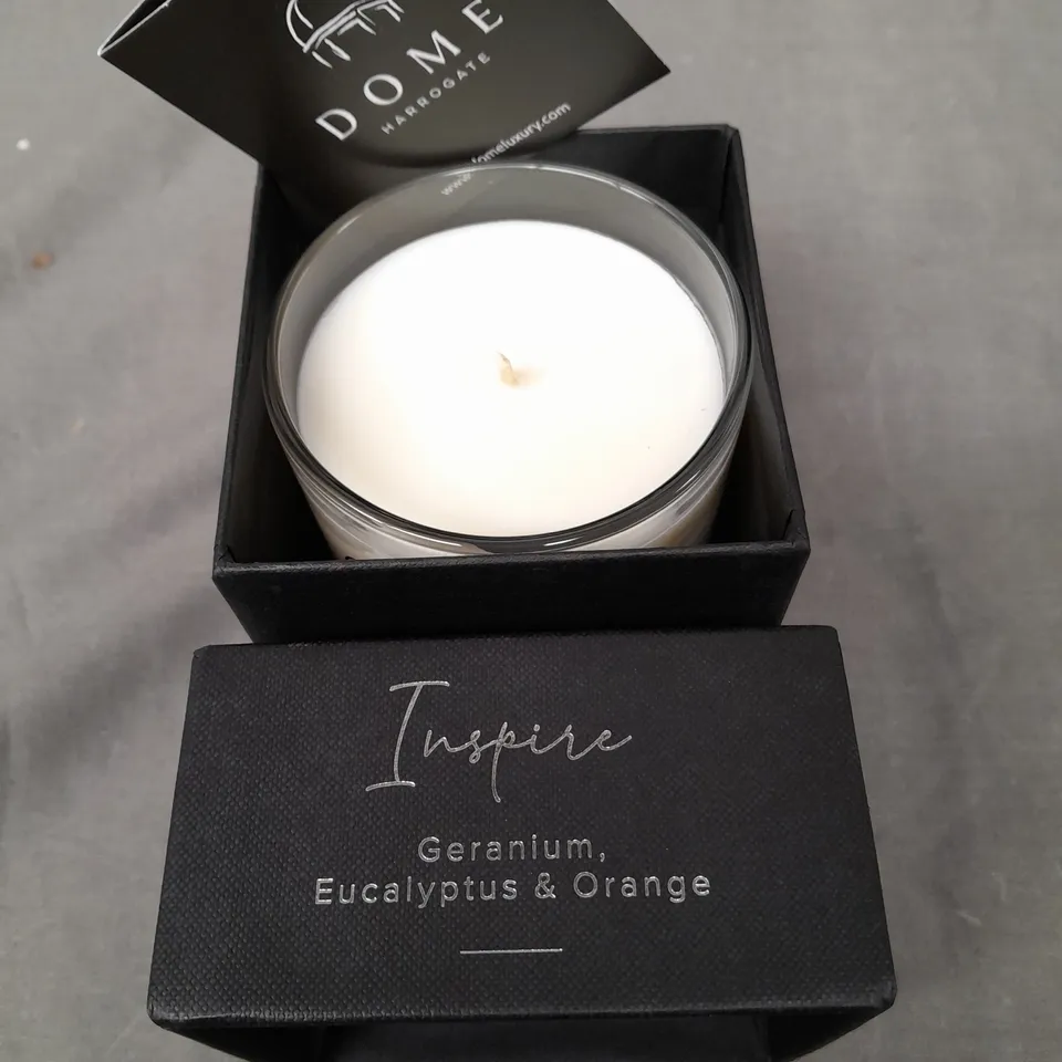 BOXED DOME HARROGATE GERANIUM EUCALYPTUS AND ORANGE SCENTED CANDLE