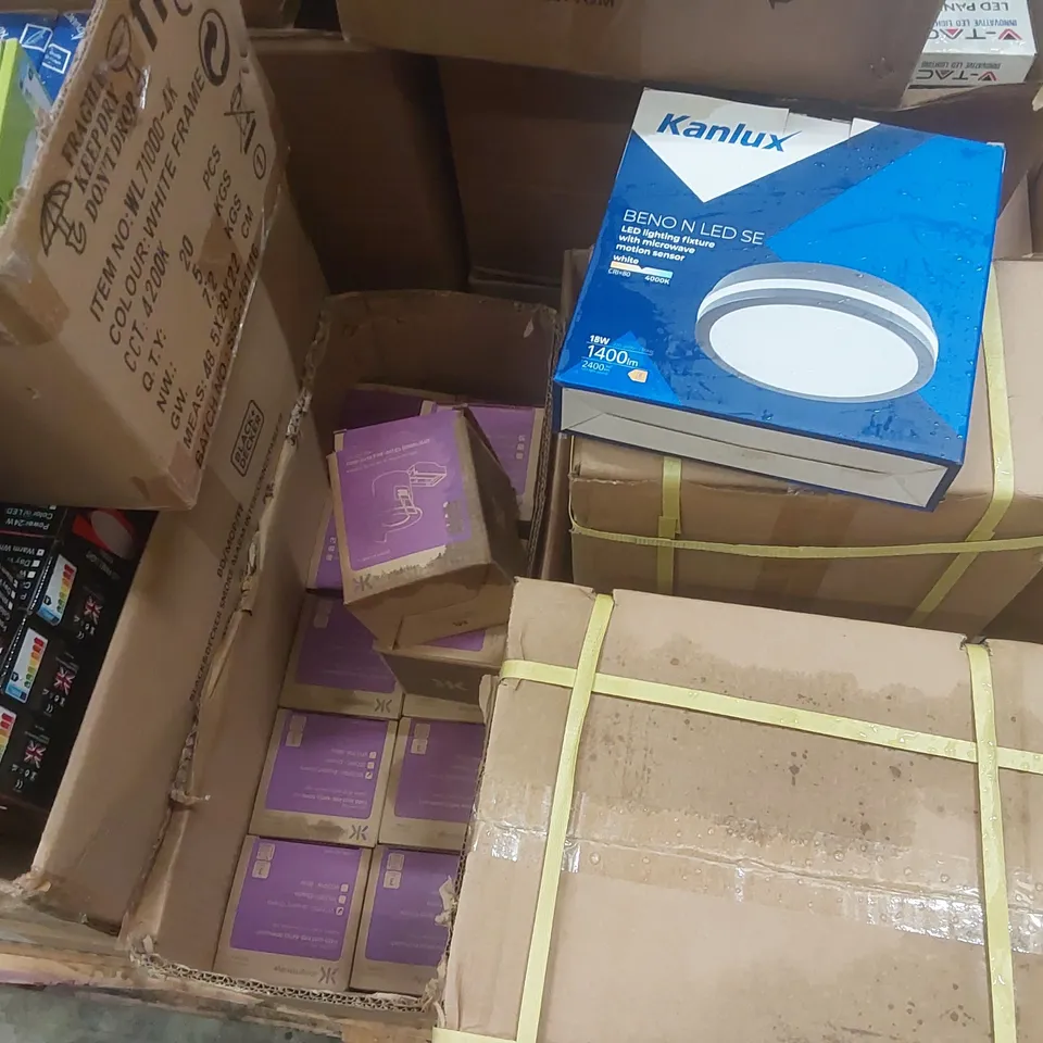 PALLET CONTAINING A VERY LARGE QUANTITY OF ASSORTED LIGHTING PRODUCTS TO INCLUDE: ADVANCE LED LIGHT PANELS, FIXED FIRE RATED DOWN LIGHTS, LED LIGHTING FIXTURES WITH MICROWAVE MOTION SENSORS ECT