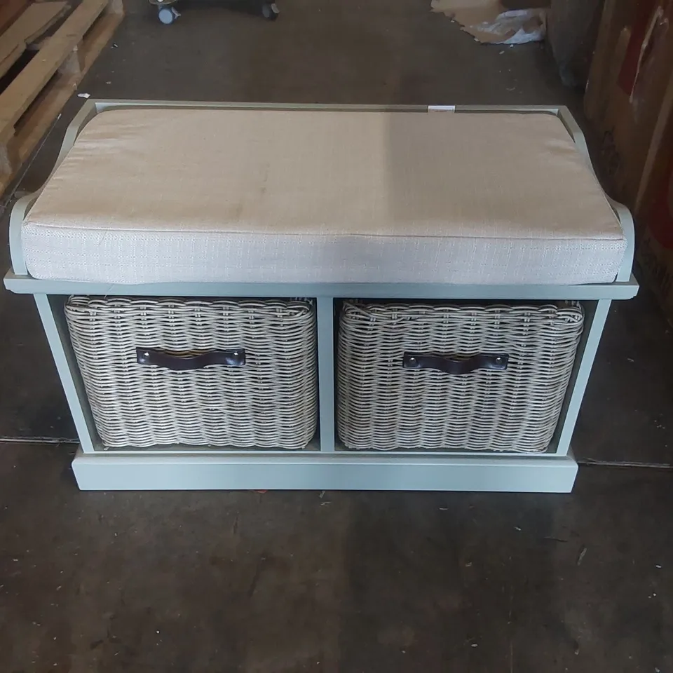 TETBURY BENCH WITH 2 BROWN FAUX RATTAN BASKETS AND CREAM CUSHION- SAGE GREEN