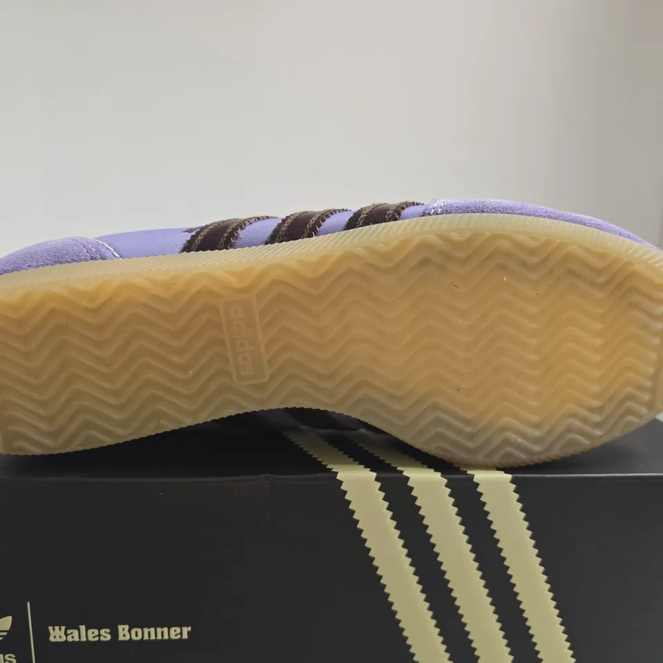 BOXED PAIR OF ADIDAS WALES BONNER JR1776 TRAINERS – PURPLE/LILAC WITH BROWN SUEDE, UK 8