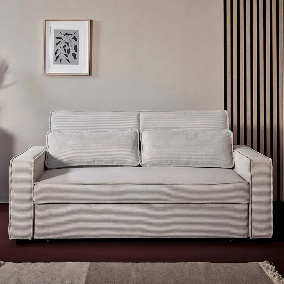 QUALITY DESIGNER SHIFLET 2 SEATER CORDUROY POLYESTER SOFA BED - CORD FINE OFF WHITE