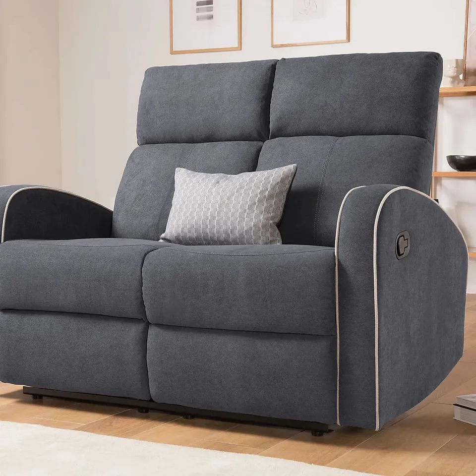 BOXED DESIGNER ASHBY SLATE GREY FABRIC MANUAL RECLINING TWO SEATER SOFA 