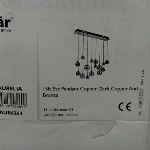BOXED AURELIA 15 LIGHT BAR PENDANT BLACK CHROME & COPPER/BRONZE GLASS