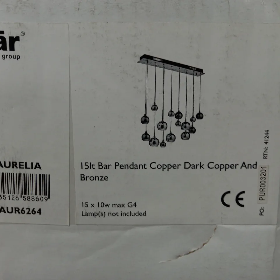 BOXED AURELIA 15 LIGHT BAR PENDANT BLACK CHROME & COPPER/BRONZE GLASS
