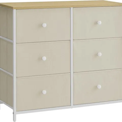 BOXED SONGMICS CHEST OF DRAWERS, 6 FABRIC DRAWERS WITH METAL FRAME, STORAGE ORGANISER UNIT, CAMEL YELLOW AND CREAM WHITE
