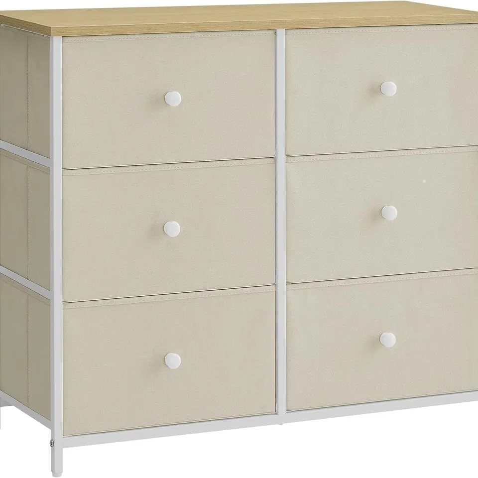 BOXED SONGMICS CHEST OF DRAWERS, 6 FABRIC DRAWERS WITH METAL FRAME, STORAGE ORGANISER UNIT, CAMEL YELLOW AND CREAM WHITE