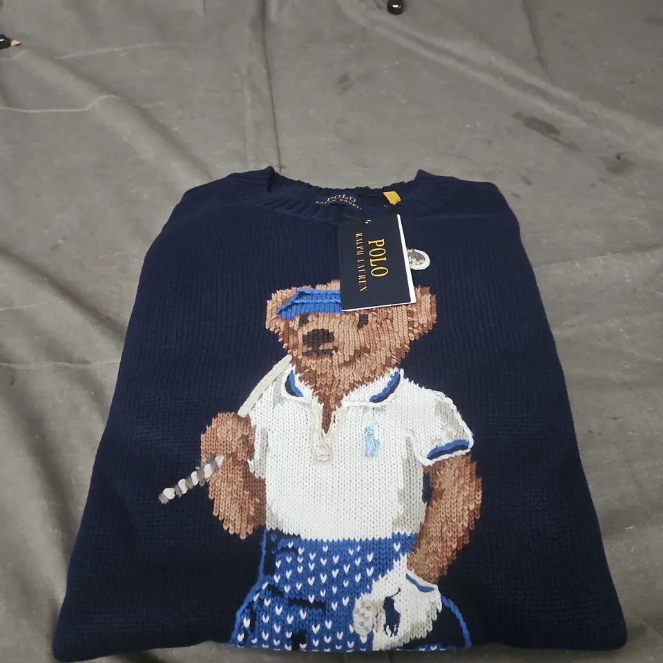 POLO RALPH LAUREN BLUE KNITTED JUMPER WITH BEAR MEDIUM
