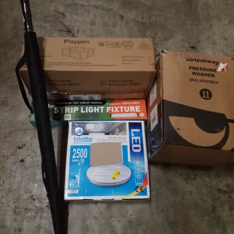 PALLET CONTAINING ASSORTED PRODUCTS INCLUDING PRESSURE WASHER, UMBRELLA, CEILING LED LIGHT, STRIP LIGHT FIXTURE & PLAYPEN