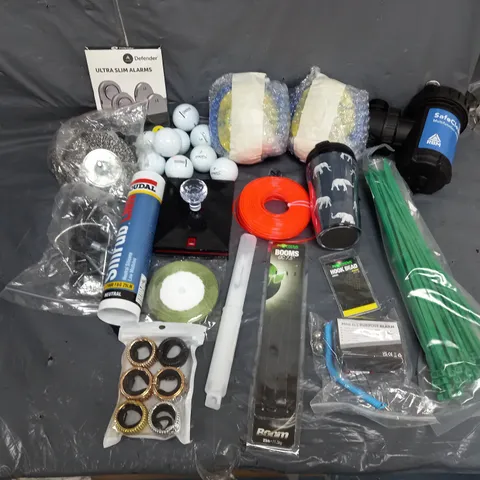 TOTE OF APPROXIMATELY 15 ASSORTED HOUSEHOLD ITEMS TOO INCLUDE ULTRA SLIM ALARMS, NEUTRAL SILICONE, AND GOLF BALS ETC.