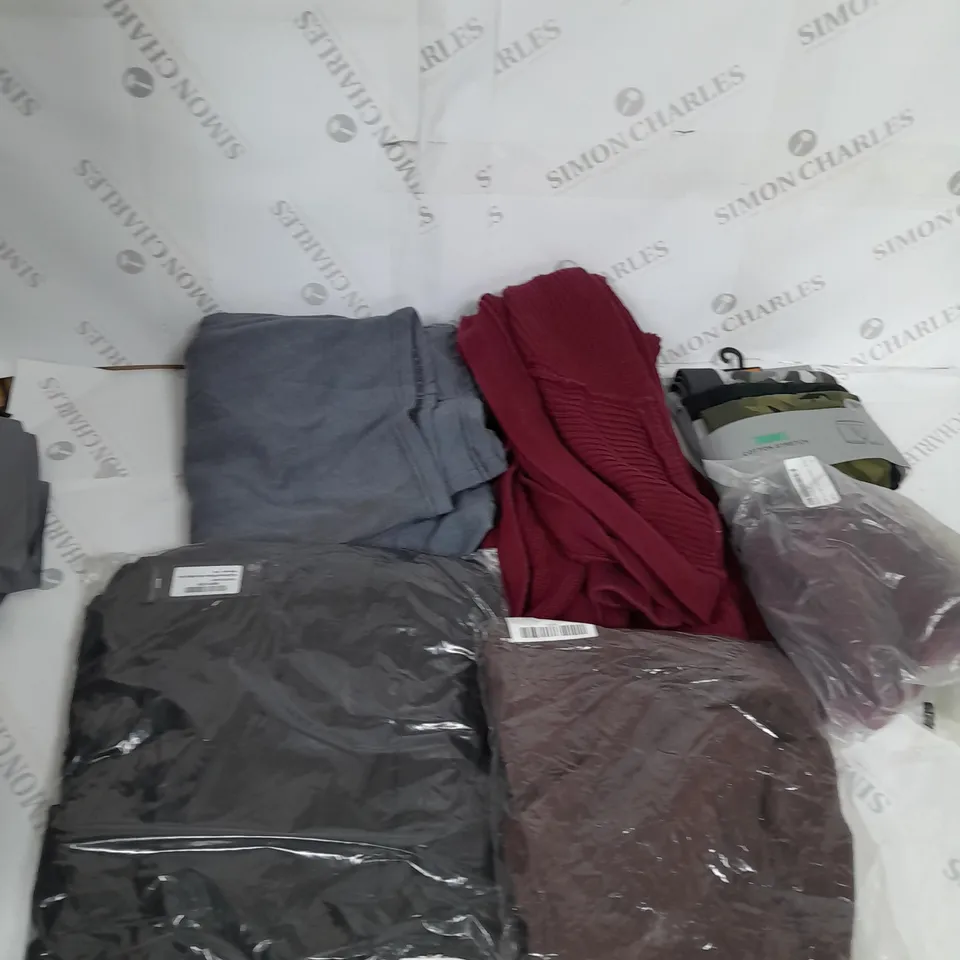 LARGE BOX OF ASSORTED CLOTHING ITEMS IN VARIOUS COLOURS AND SIZES INCLUDING TROUSERS , TOPS AND JUMPERS 