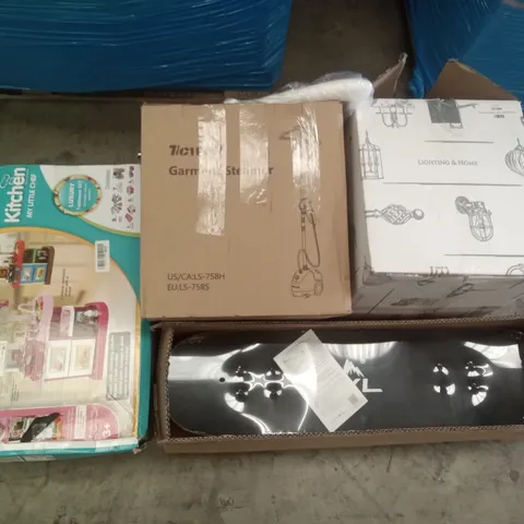 PALLET OF ASSORTED ITEMS INCLUDING TICWELL GARMENT STEAMER, DOUBLE SMUGGLERS WALL LIGHT IN BEESWAX, SKATEBOARDS, MY LITTLE CHEF KITCHEN PLAY SET, ACEVIVI FOOT SPA MASSAGER