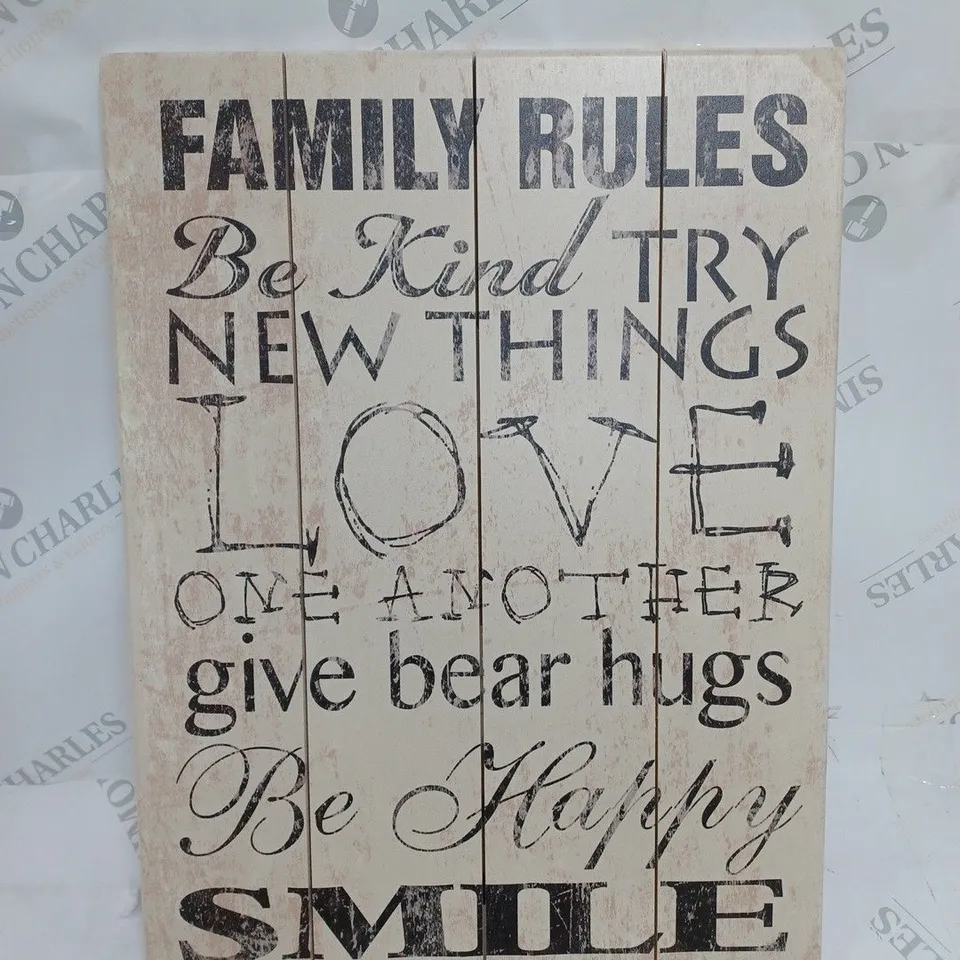 ARTEHOUSE FAMILY RULES BE KIND PLANKED WOOD SIGN WALL DECOR ART IN BEIGE 35 X 50CM