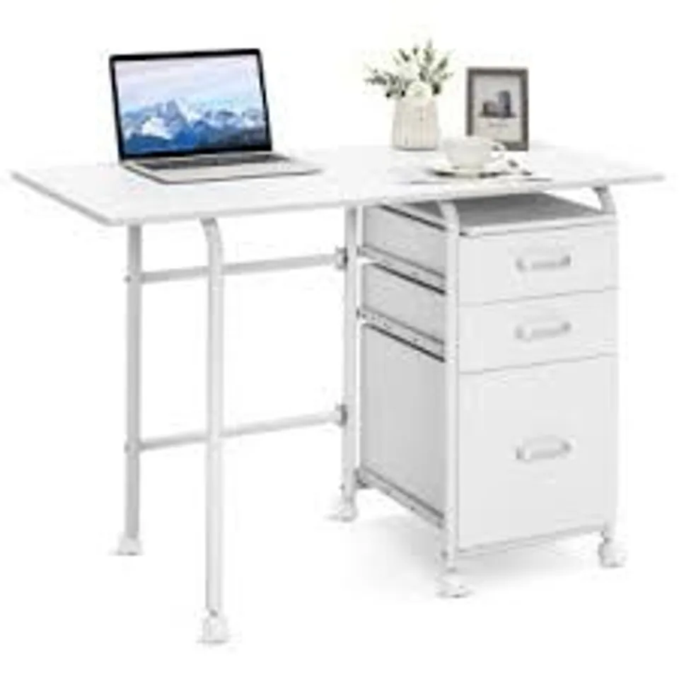 BOXED COSTWAY WHITE 3 DRAWERS FOLDING COMPUTER DESK WITH ROLLING WHEELS