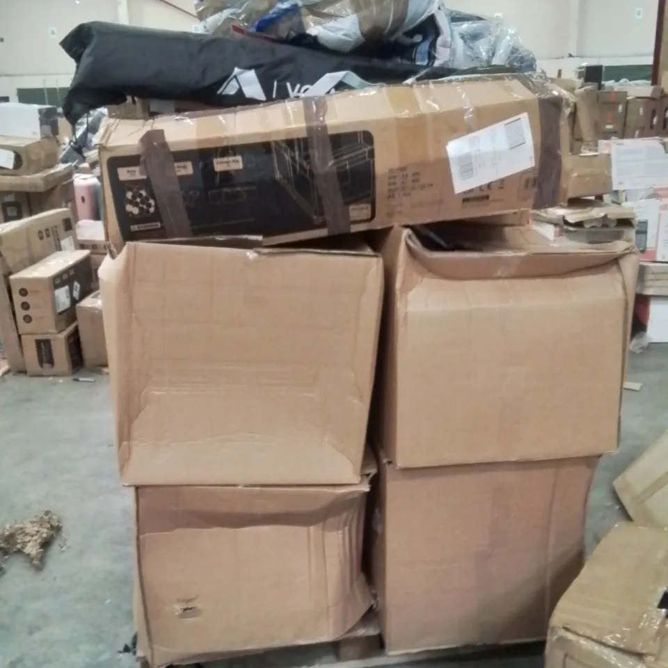 PALLET OF ASSORTED HOUSEHOLD GOODS AND PRODUCTS TO INCLUDE;BOXES OF CERAMIC HEATERS,HANGING WARDROBE DEHUMIDIFIERS,KIDS PLAYPEN,CAMPING CHAIRS,CHILD'S CAR SEAT