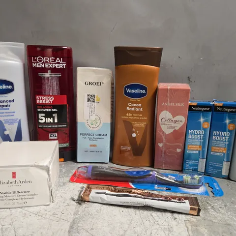 APPROX 12 ASSORTED BEAUTY PRODUCTS TO INCLUDE VASELINE ADVANCED REPAIR, LIZ EARLE SKIN TONIC, COLGATE TOOTHBRUSH, ETC 