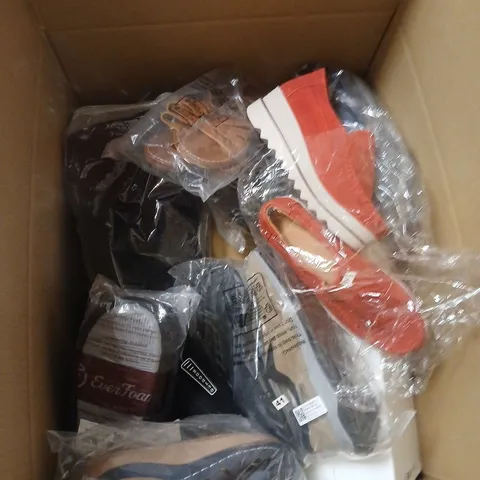 BOX OF APPROXIMATELY 12 PAIRS OF ASSORTED SHOES IN VARIOUS STYLES , COLOURS AND SIZES