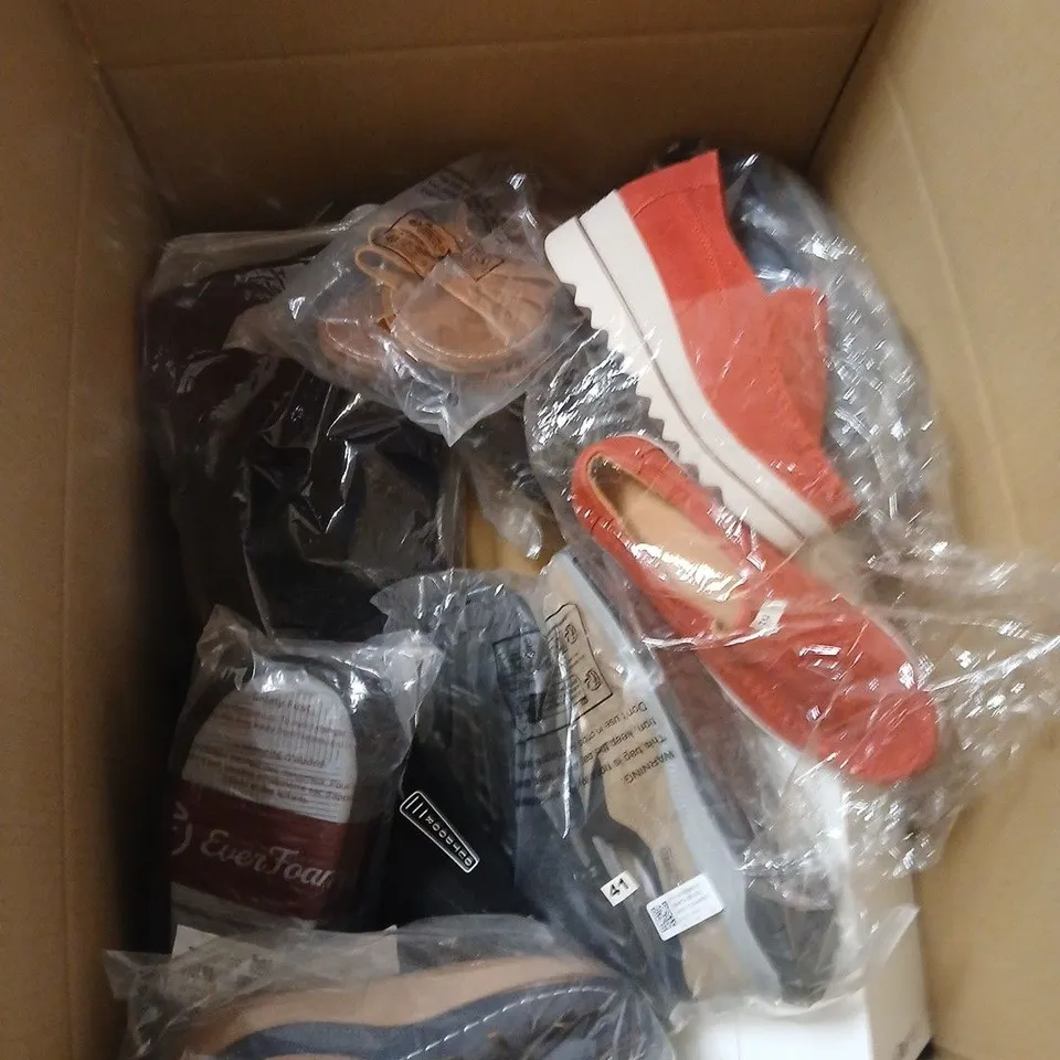 BOX OF APPROXIMATELY 12 PAIRS OF ASSORTED SHOES IN VARIOUS STYLES , COLOURS AND SIZES 