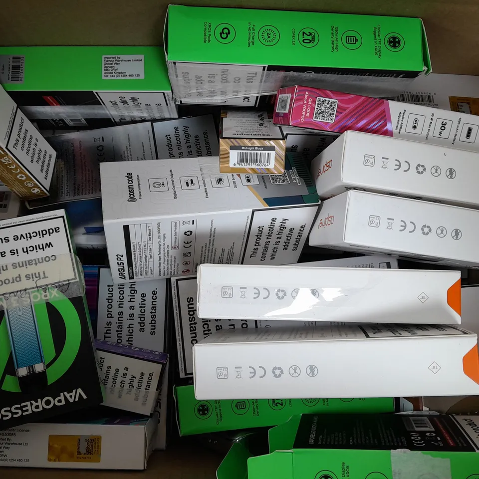 BOX OF APPROXIMATELY 20 ASSORTED E-CIGARETTE/VAPING PRODUCTS - MAKES, MODELS, COLOURS, AND STYLES VARY - COLLECTION ONLY