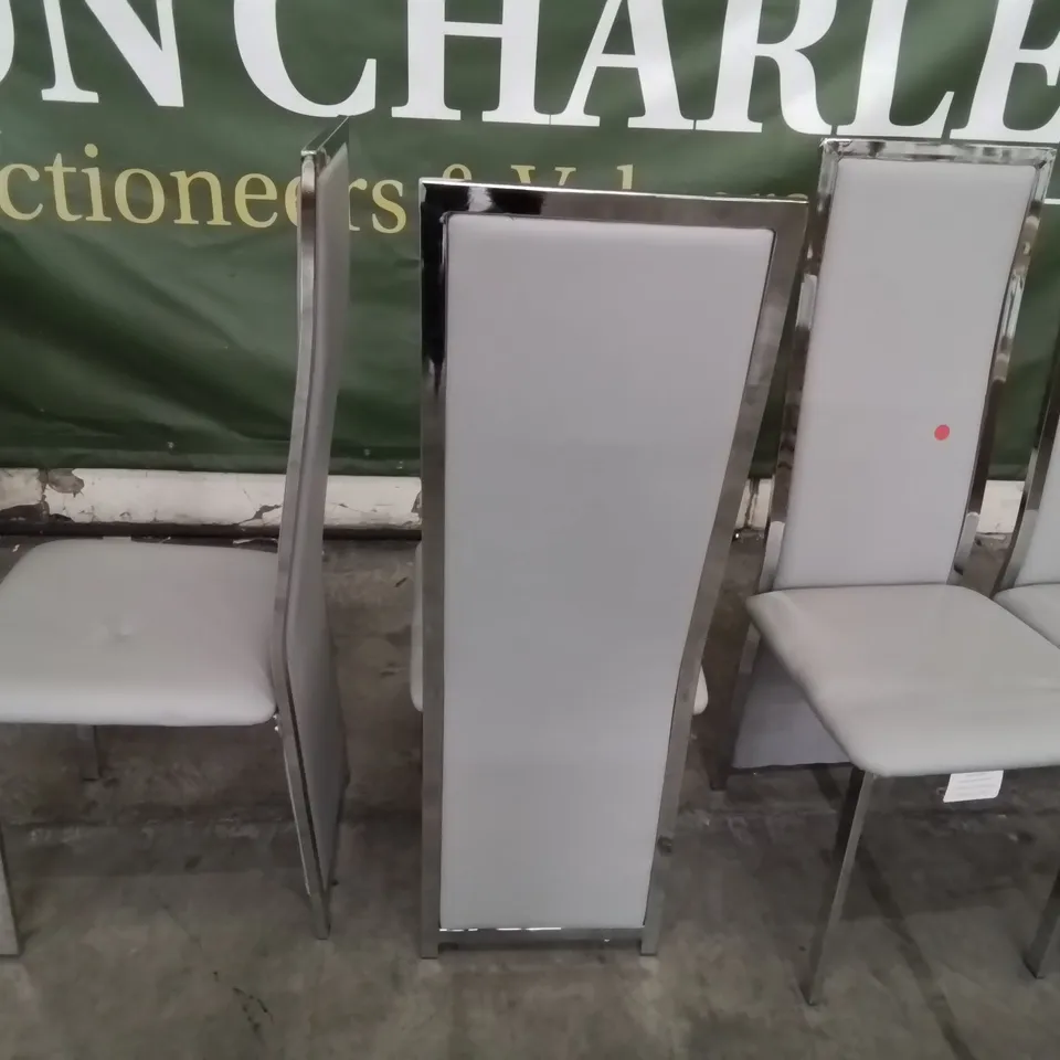 SET OF FOUR DESIGNER CELESTE LIGHT GREY LEATHER & CHROME DINING CHAIRS
