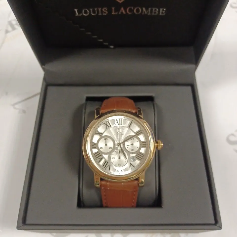 LOUIS LACOMBE CHRONOGRAPH ROMAN NUMERAL WAVE TRIPLE DIAL BROWN LEATHER STRAP WRISTWATCH 