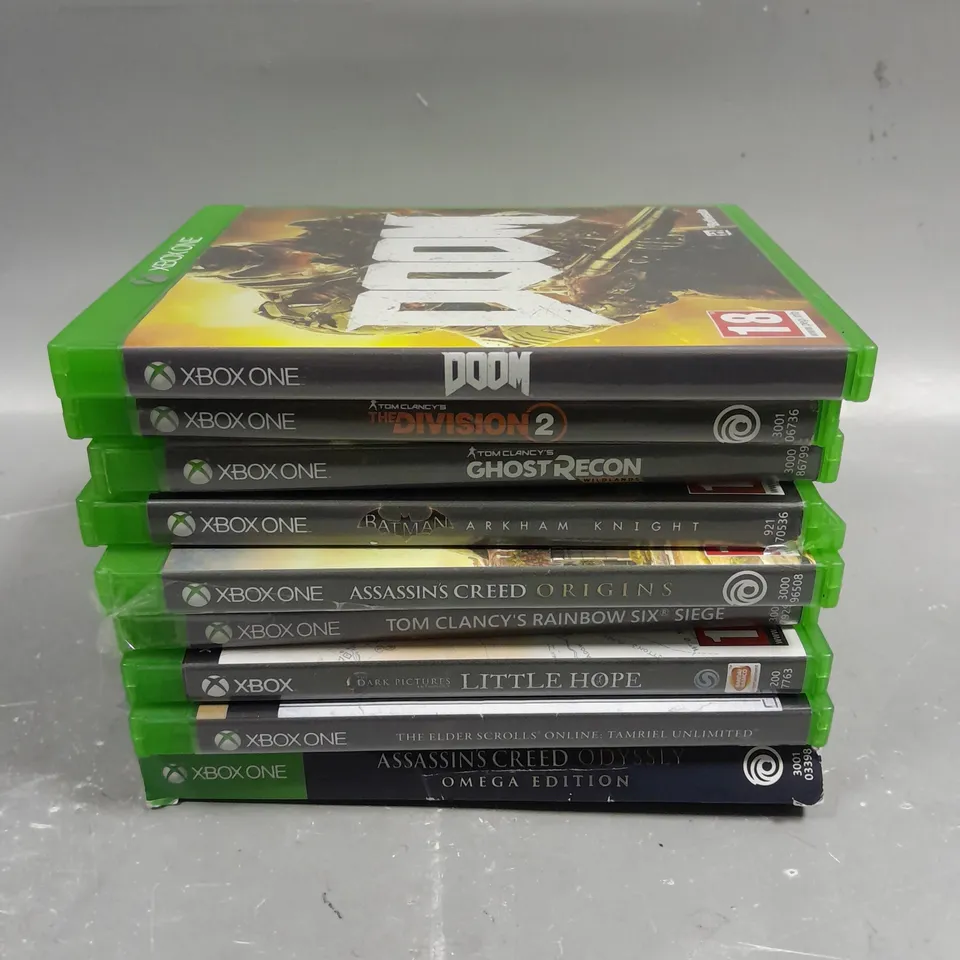 9 X ASSORTED XBOX ONE VIDEO GAMES TO INCLUDE ASSASSIN'S CREED ODYSSEY, DOOM, LITTLE HOPE ETC 