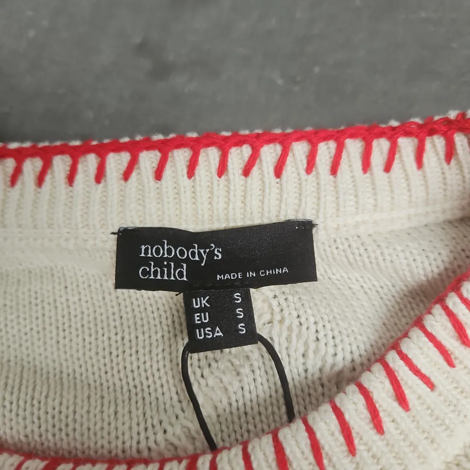 NOBODY'S CHILD KNIT JUMPER, WHITE WITH FLORAL EMBROIDERY – UK SIZE S 