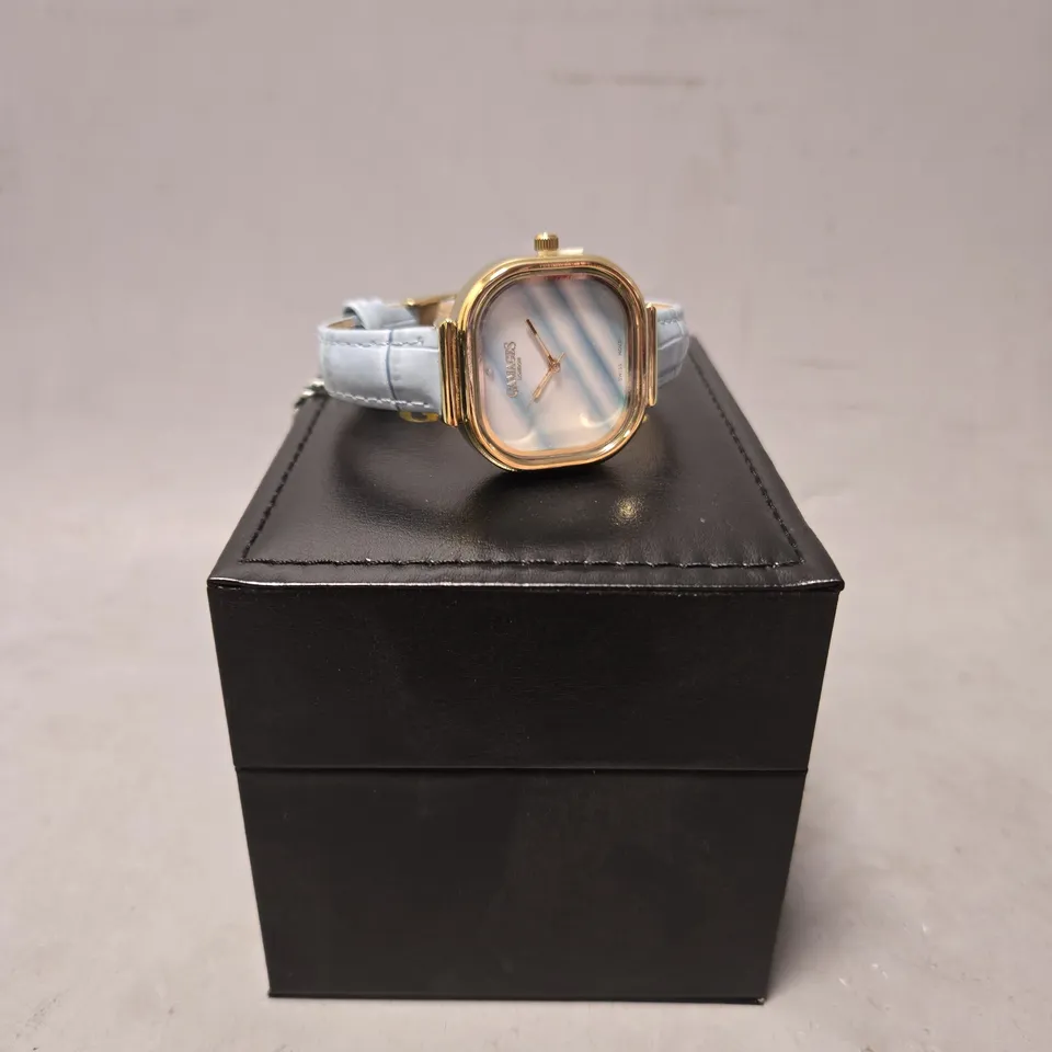 BOXED GAMAGES LADIES MIRROR WATCH IN GOLD GREEN