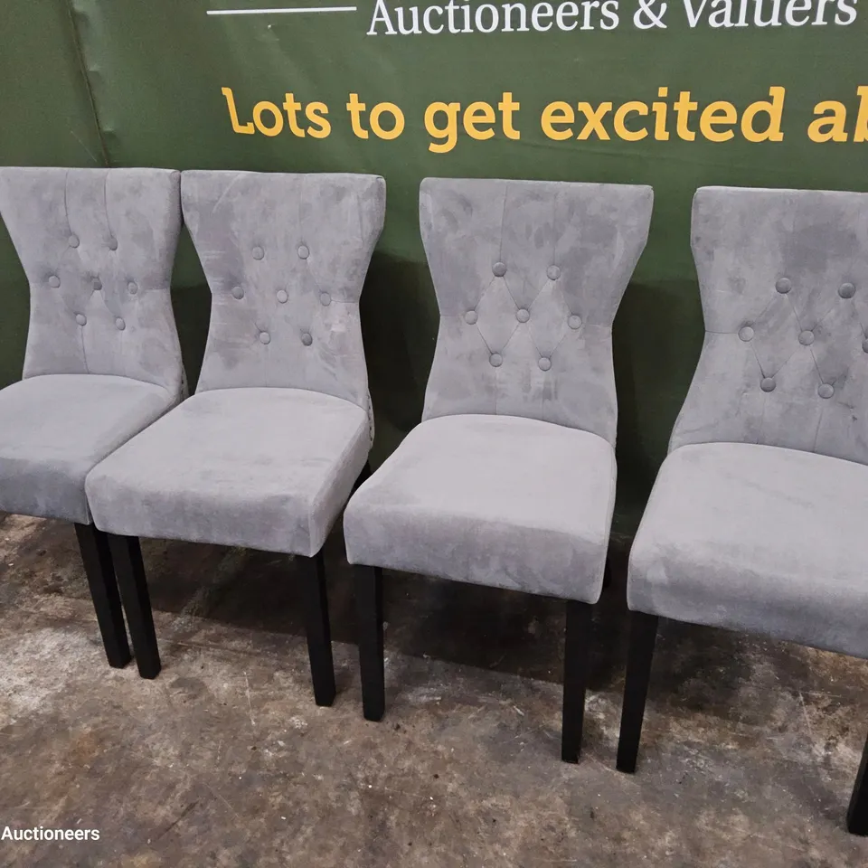 SET OF FOUR GREY PLUSH FABRIC UPHOLSTERED RING BACK DINING CHAIRS ON BLACK LEGS