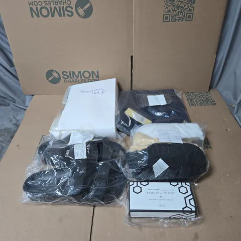 BOX OF APPROXIMATELY 20 ASSORTED HOUSEHOLD ITEMS TO INCLUDE COMFORTISSE UPLIFT BRAS, CLOTHING, SANDALS, DUO BROW KIT ETC