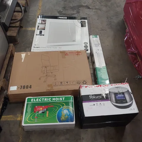 PALLET OF ASSORTED ITEMS INCLUDING: ELECTRIC HOIST, SMART INFRARED PANEL HEATER, OFFICE CHAIR, MULTIFUNCTIONAL RICE COOKER, RETRACTABLE SAFETY GATE ECT