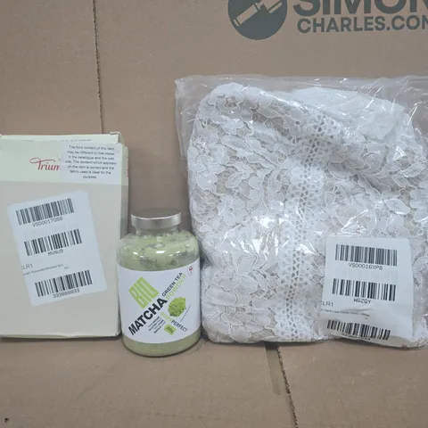 BOX OF APPROXIMATELY 20 ASSORTED HOUSEHOLD ITEMS TO INCLUDE WHITE LACE SKATER DRESS SIZE 12, MATCHA GREEN TEA POWDER, ETC