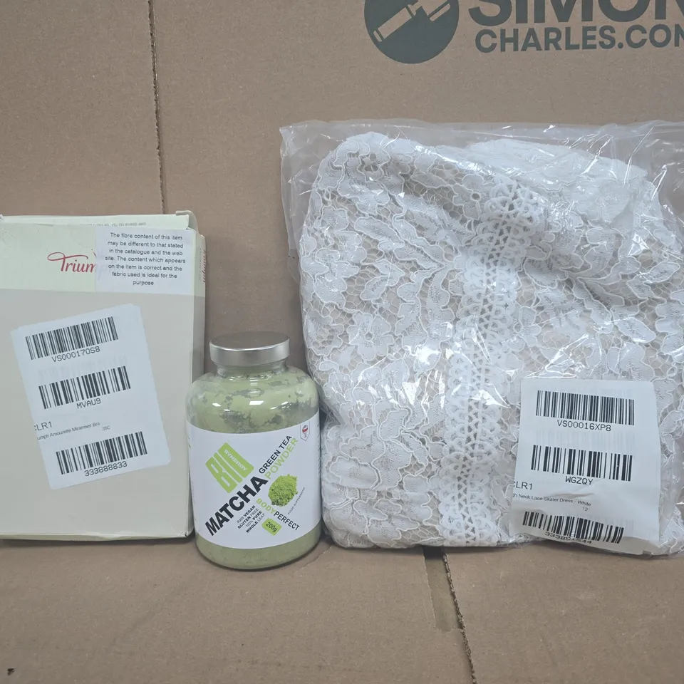 BOX OF APPROXIMATELY 20 ASSORTED HOUSEHOLD ITEMS TO INCLUDE WHITE LACE SKATER DRESS SIZE 12, MATCHA GREEN TEA POWDER, ETC
