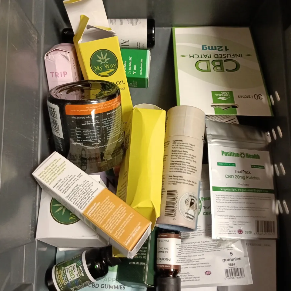 APPROXIMATELY 20 ASSORTED CBD INFUSED PRODUCTS TO INCLUDE PATCHES, GUMMIES, OIL ETC 